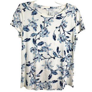 White House Black Market Womens Knit Top Size S Blue and White Floral Cottage
